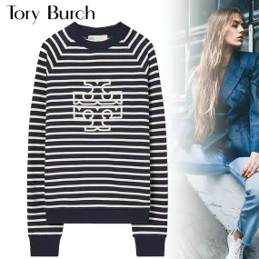 Tory Burch  |Crew Neck Stripes Unisex Street Style Long Sleeves Plain