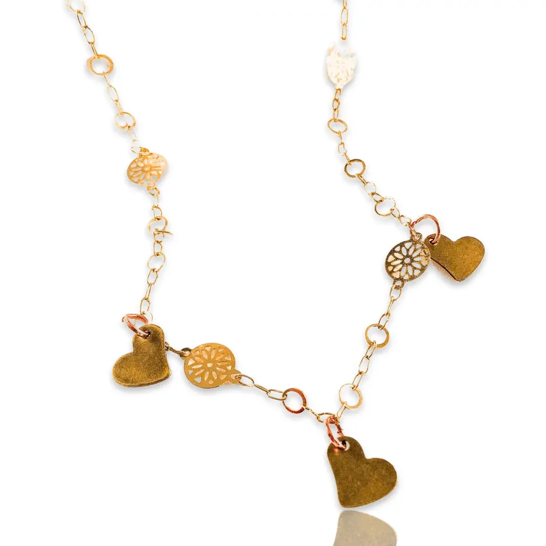 Triple Bronze Heart Charms Necklace with 18kt Gold Plated Flower Chain.