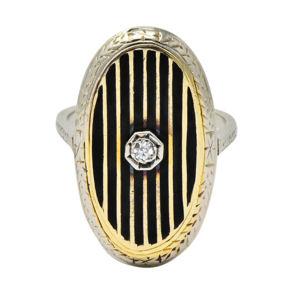 Victorian Diamond 14 Karat White Gold Enamel Striped Mourning Ring