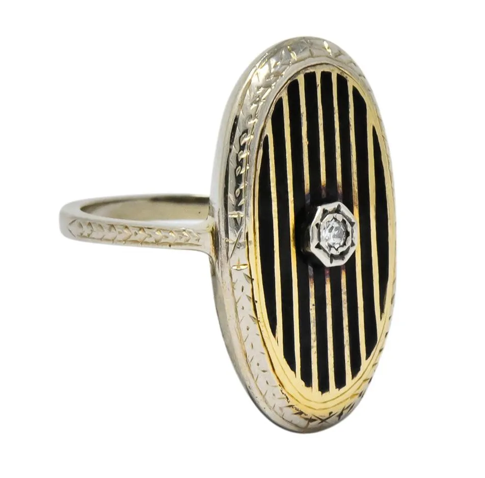 Victorian Diamond 14 Karat White Gold Enamel Striped Mourning Ring