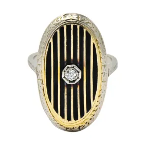 Victorian Diamond 14 Karat White Gold Enamel Striped Mourning Ring