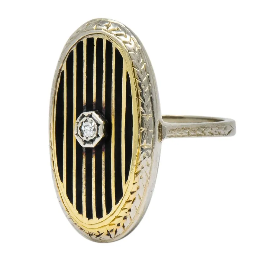 Victorian Diamond 14 Karat White Gold Enamel Striped Mourning Ring