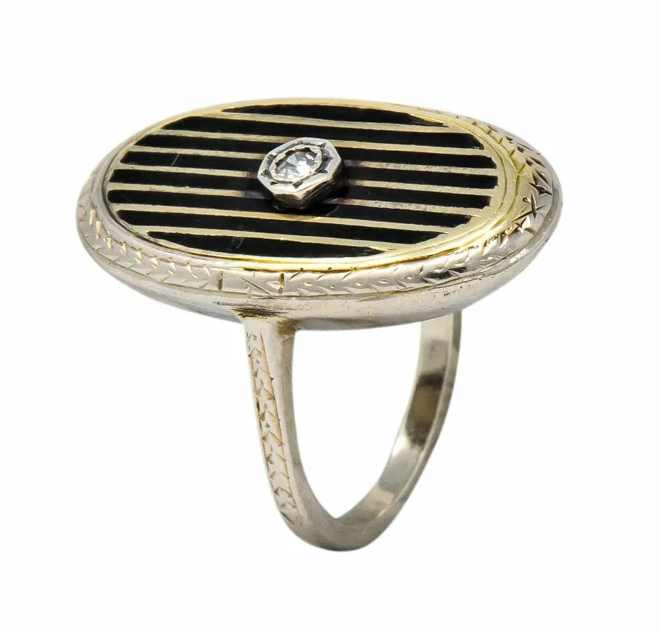 Victorian Diamond 14 Karat White Gold Enamel Striped Mourning Ring