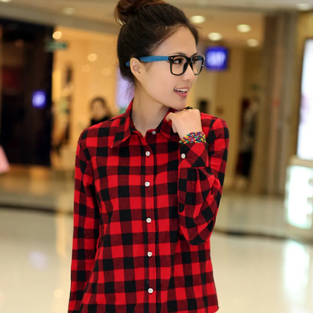 Women Casual Cotton Lapel Long-Sleeve Plaid Shirt Ladies Slim Outerwear Blouse Tops SM6