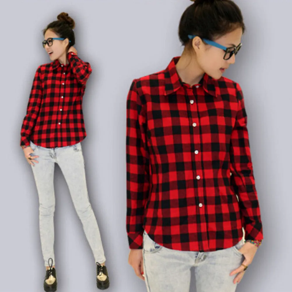 Women Casual Cotton Lapel Long-Sleeve Plaid Shirt Ladies Slim Outerwear Blouse Tops SM6