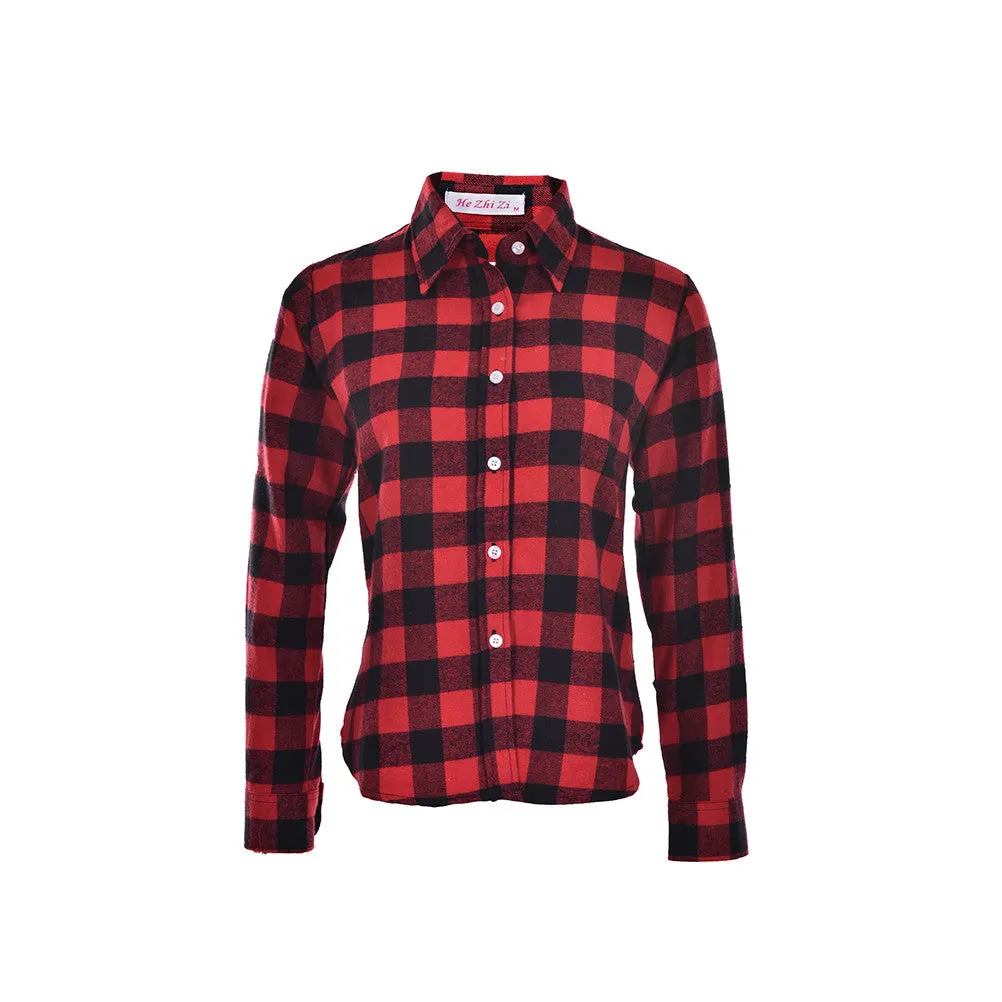 Women Casual Cotton Lapel Long-Sleeve Plaid Shirt Ladies Slim Outerwear Blouse Tops SM6