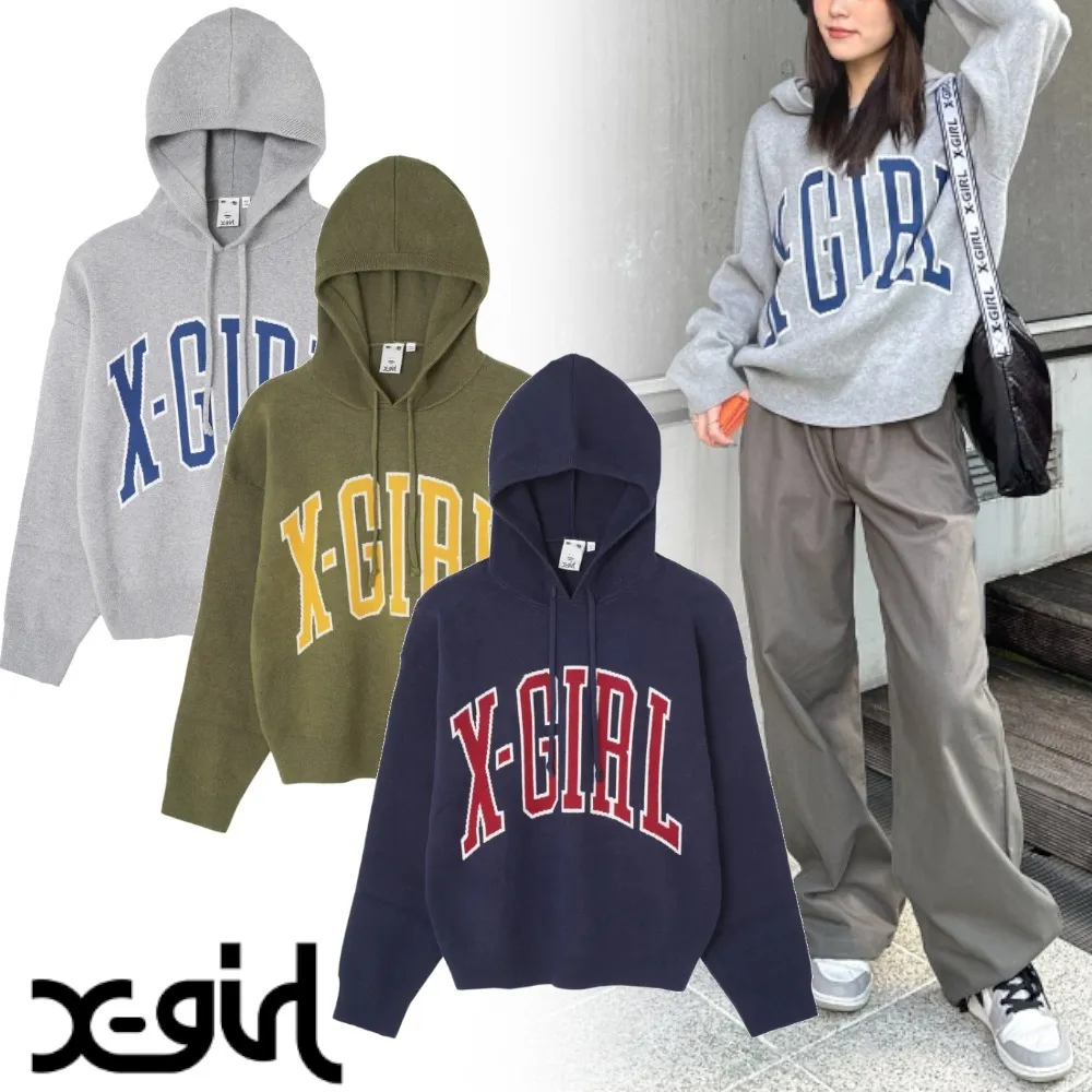 X-girl  |Street Style Long Sleeves Plain Cotton Oversized Logo