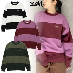 X-girl  |Stripes Street Style Long Sleeves Cotton Oversized Logo