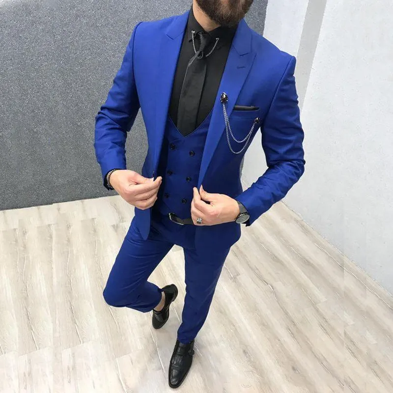 Xituodai 2022 Three Piece Royal Blue Men Suits Peaked Lapel Custom Made Wedding Tuxedos Slim Fit Male Suits (Jacket + Pants + Ve