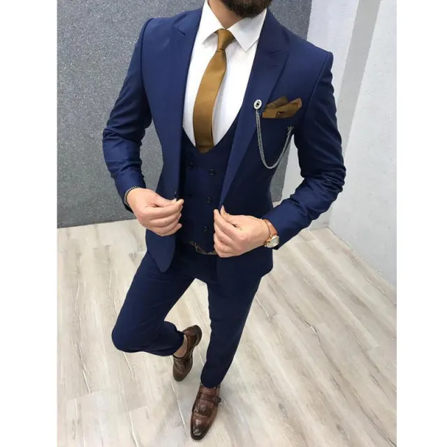 Xituodai 2022 Three Piece Royal Blue Men Suits Peaked Lapel Custom Made Wedding Tuxedos Slim Fit Male Suits (Jacket + Pants + Ve