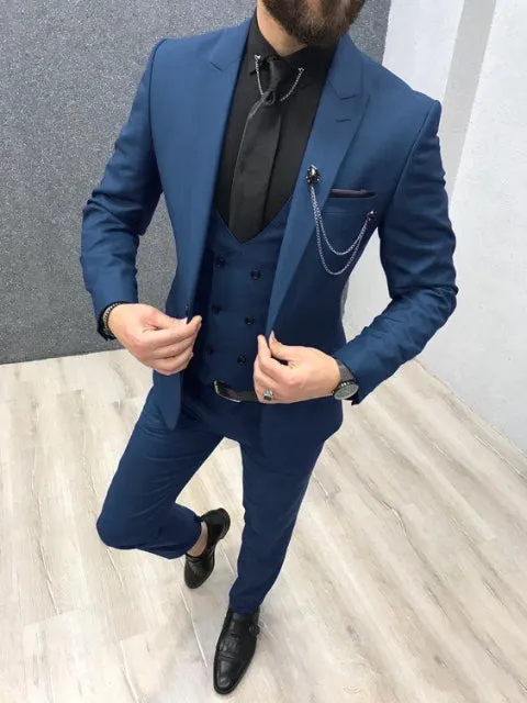 Xituodai 2022 Three Piece Royal Blue Men Suits Peaked Lapel Custom Made Wedding Tuxedos Slim Fit Male Suits (Jacket + Pants + Ve