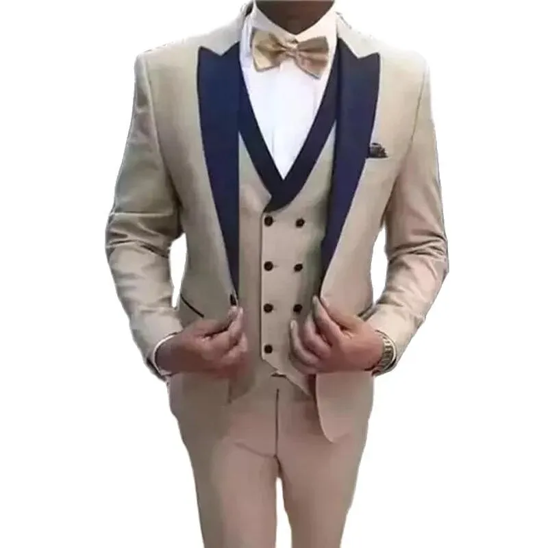 Xituodai Beige Slim Fit Men Suits with Navy Blue Peaked Lapel Groom Tuxedos for Wedding Dinner Party 3 Pieces Fashion Jacket Ves