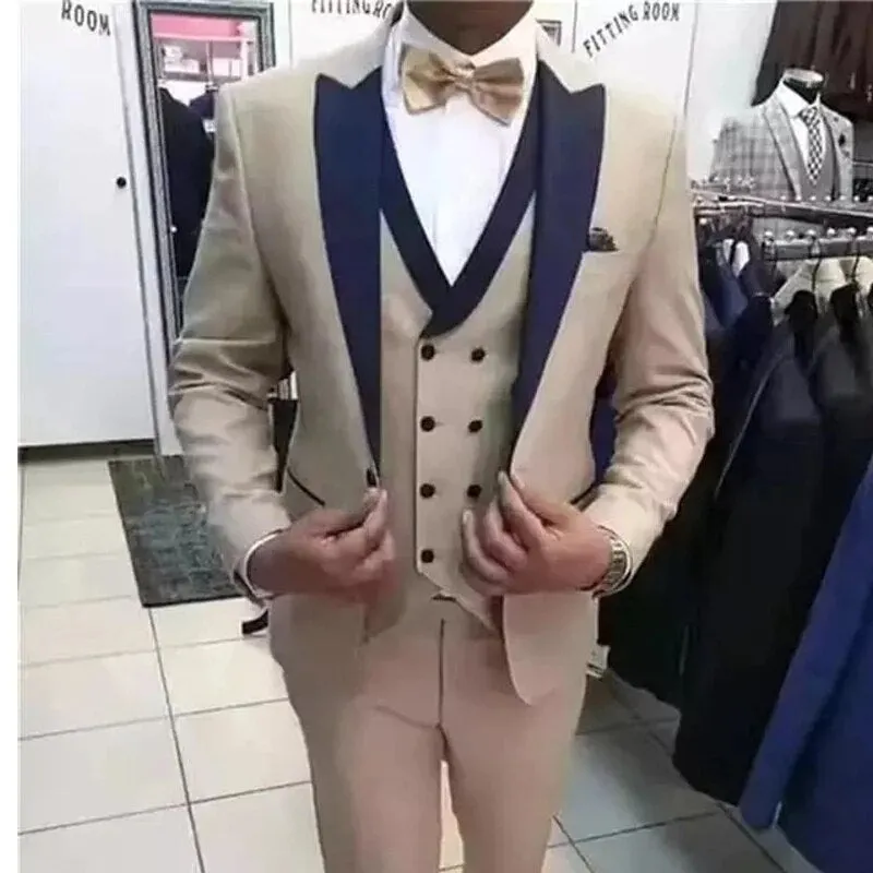 Xituodai Beige Slim Fit Men Suits with Navy Blue Peaked Lapel Groom Tuxedos for Wedding Dinner Party 3 Pieces Fashion Jacket Ves