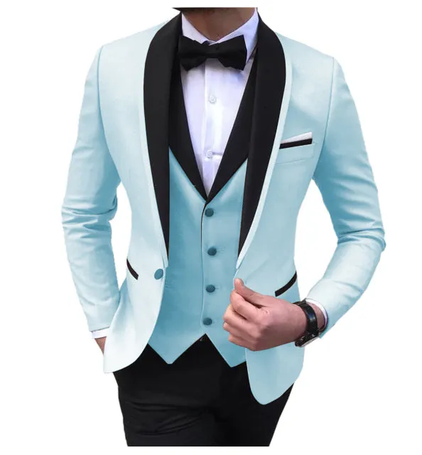 Xituodai Blue Slit Mens Suits 3 Piece Black Shawl Lapel Casual Tuxedos for Wedding Groomsmen Suits Men 2022 (Blazer+Vest+Pant)