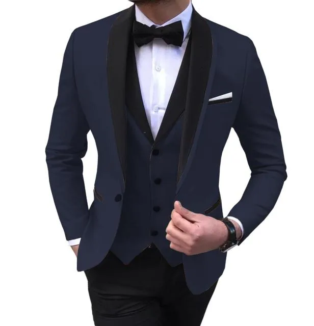 Xituodai Blue Slit Mens Suits 3 Piece Black Shawl Lapel Casual Tuxedos for Wedding Groomsmen Suits Men 2022 (Blazer+Vest+Pant)