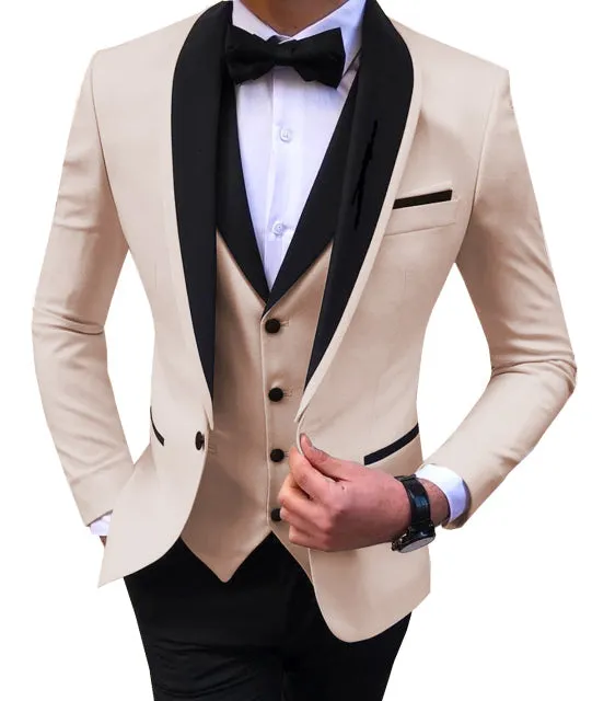 Xituodai Blue Slit Mens Suits 3 Piece Black Shawl Lapel Casual Tuxedos for Wedding Groomsmen Suits Men 2022 (Blazer+Vest+Pant)