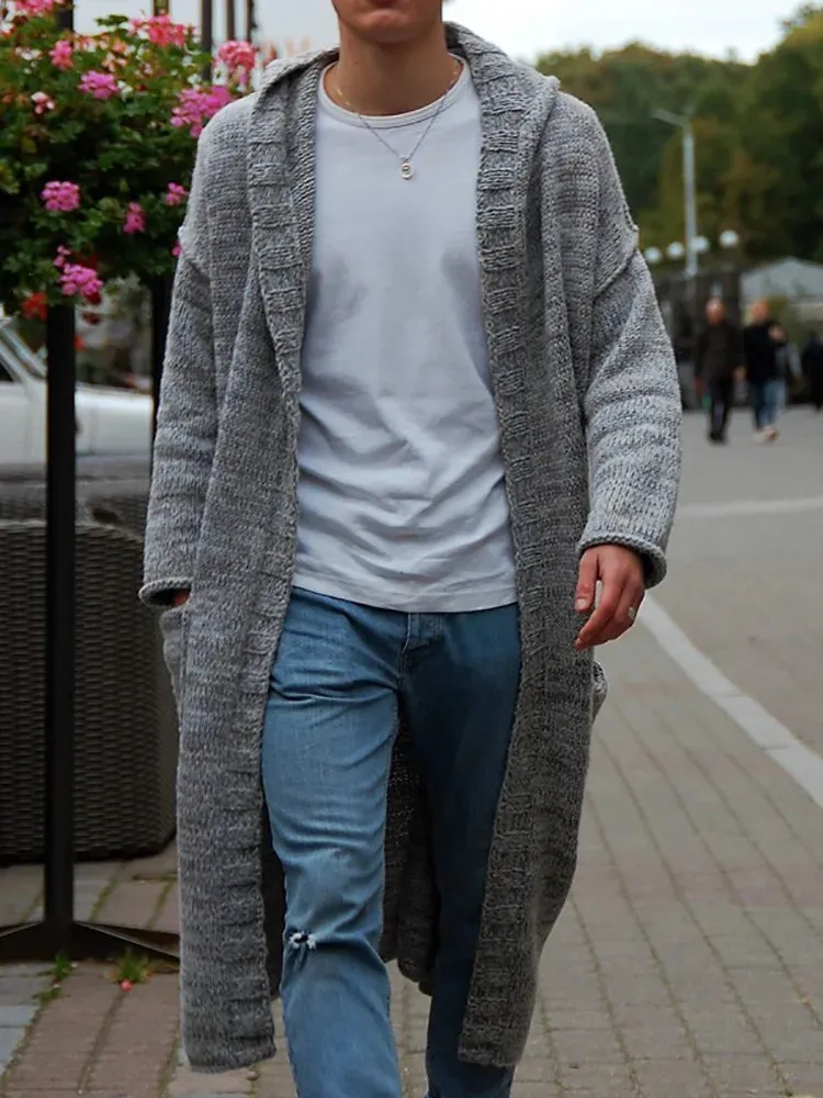 Xituodai Male Autumn Winter Gray Cardigan Sweatercoat Patchwork Pockets Long Loose Outerwear Full Sleeve Men Knitwear Hooded Cas