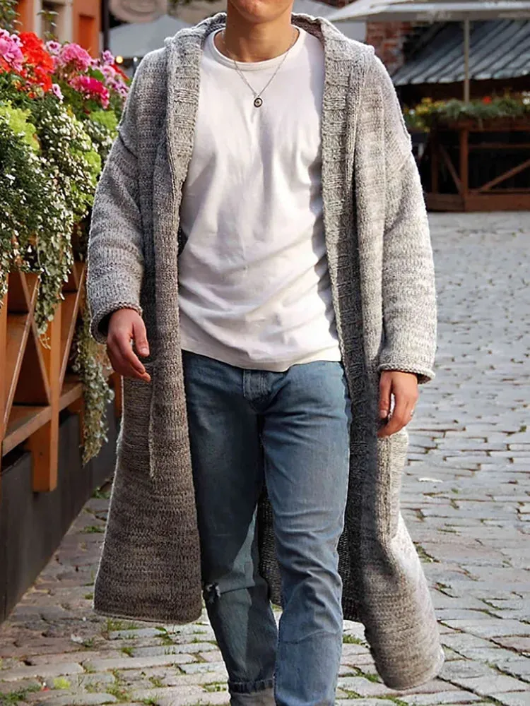 Xituodai Male Autumn Winter Gray Cardigan Sweatercoat Patchwork Pockets Long Loose Outerwear Full Sleeve Men Knitwear Hooded Cas