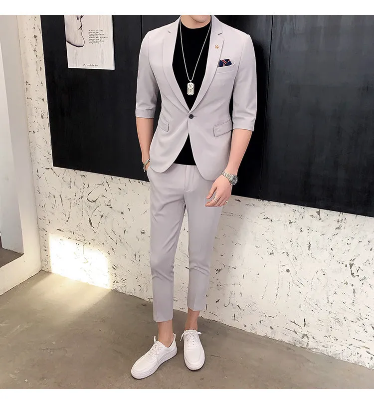 Xituodai Ternos Masculino Dark Green Shorts Sleeve Suit Coat Men Fashion Slim Fit Hairstylist Suit 2-piece Suit Summer Men Tuxed