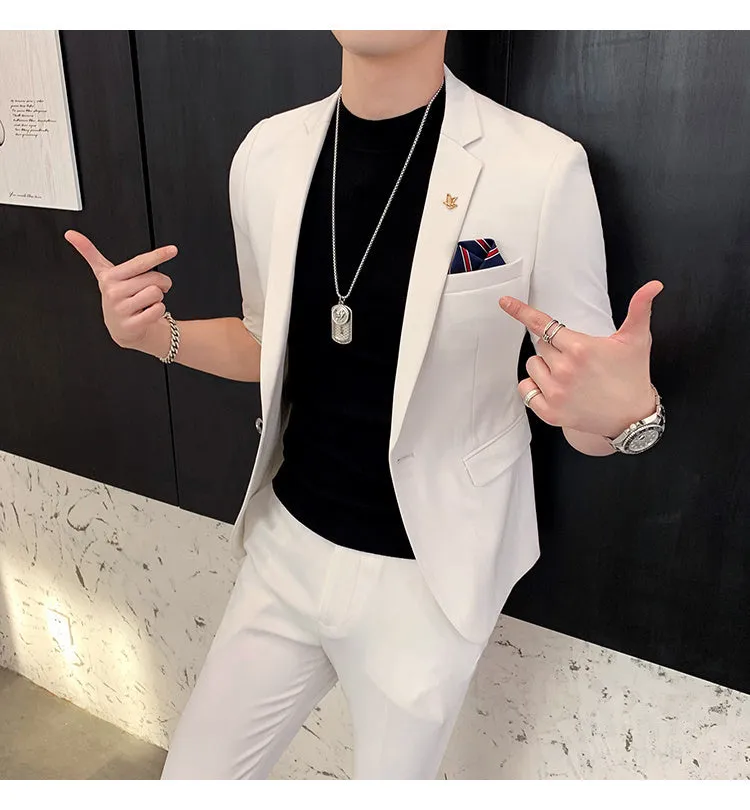 Xituodai Ternos Masculino Dark Green Shorts Sleeve Suit Coat Men Fashion Slim Fit Hairstylist Suit 2-piece Suit Summer Men Tuxed