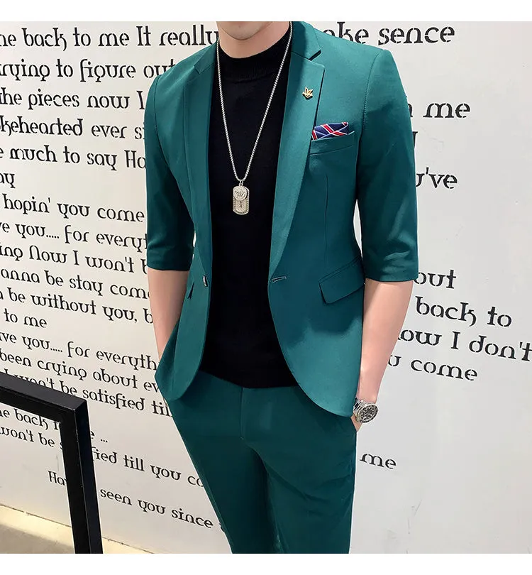 Xituodai Ternos Masculino Dark Green Shorts Sleeve Suit Coat Men Fashion Slim Fit Hairstylist Suit 2-piece Suit Summer Men Tuxed