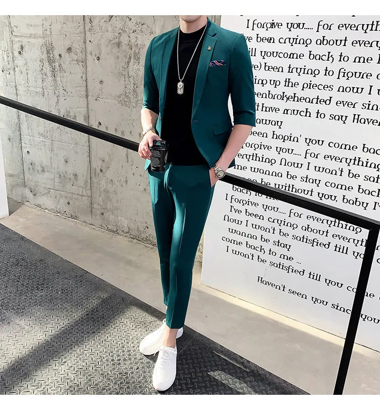 Xituodai Ternos Masculino Dark Green Shorts Sleeve Suit Coat Men Fashion Slim Fit Hairstylist Suit 2-piece Suit Summer Men Tuxed