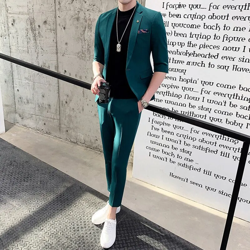 Xituodai Ternos Masculino Dark Green Shorts Sleeve Suit Coat Men Fashion Slim Fit Hairstylist Suit 2-piece Suit Summer Men Tuxed