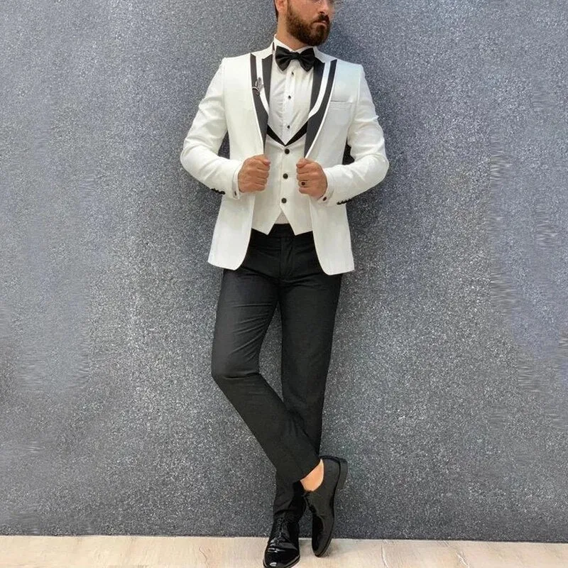 Xituodai White Jacket Vest With Black Pant Costume Men Suits 3 Pieces Flat Slim Fit Tuxedos Black Peak Lapel Wedding Terno Mascu