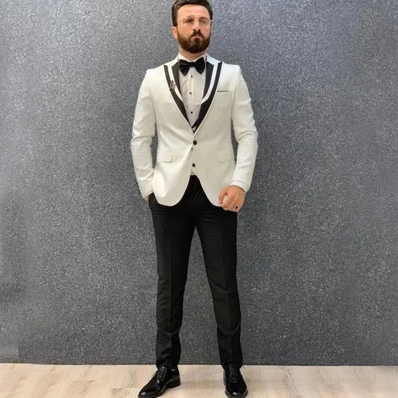 Xituodai White Jacket Vest With Black Pant Costume Men Suits 3 Pieces Flat Slim Fit Tuxedos Black Peak Lapel Wedding Terno Mascu