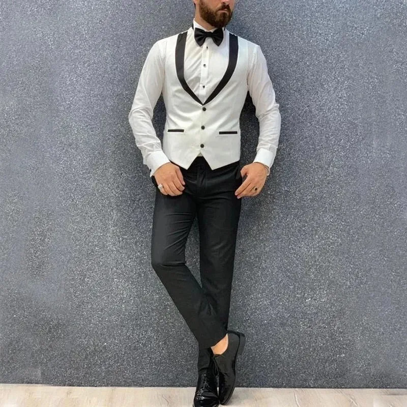 Xituodai White Jacket Vest With Black Pant Costume Men Suits 3 Pieces Flat Slim Fit Tuxedos Black Peak Lapel Wedding Terno Mascu