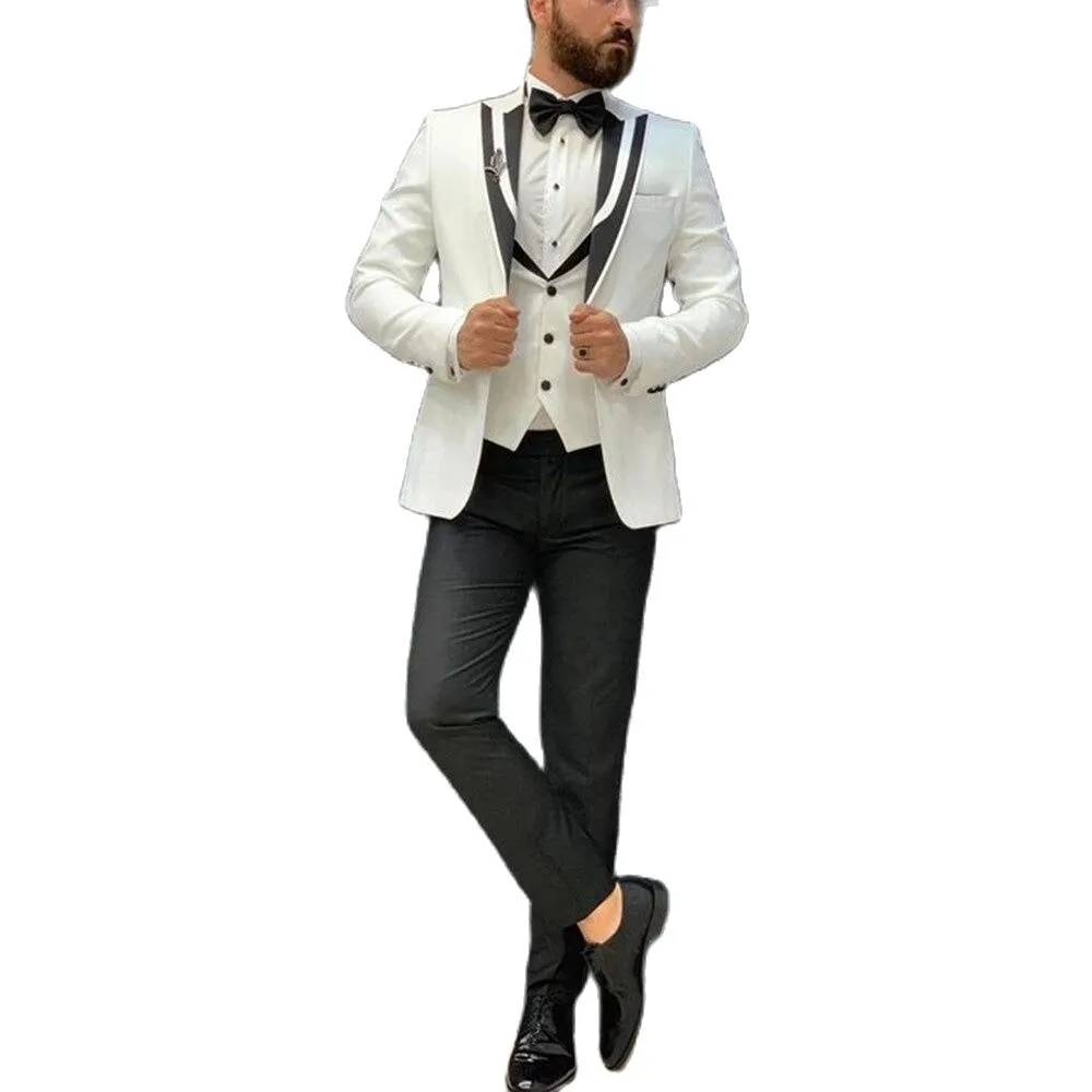 Xituodai White Jacket Vest With Black Pant Costume Men Suits 3 Pieces Flat Slim Fit Tuxedos Black Peak Lapel Wedding Terno Mascu