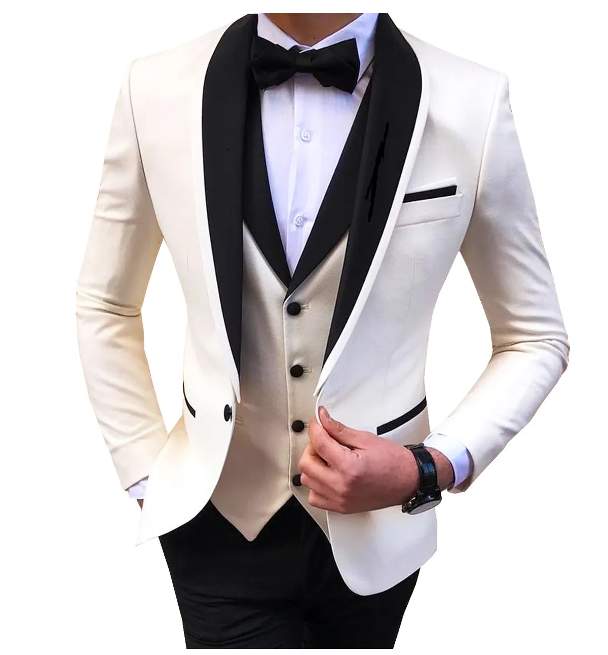 Xituodai White Slit Mens Suits 3 Piece Black Shawl Lapel Casual Groom Tuxedos for Wedding Groomsmen Suits Men 2022 (Blazer+Vest+