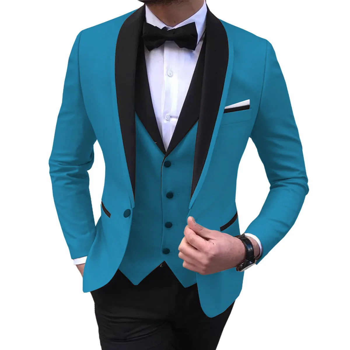 Xituodai White Slit Mens Suits 3 Piece Black Shawl Lapel Casual Groom Tuxedos for Wedding Groomsmen Suits Men 2022 (Blazer+Vest+