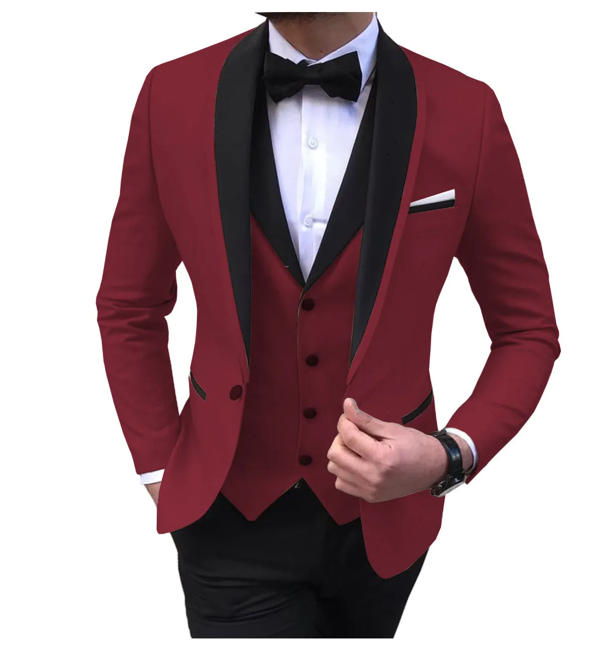 Xituodai White Slit Mens Suits 3 Piece Black Shawl Lapel Casual Groom Tuxedos for Wedding Groomsmen Suits Men 2022 (Blazer+Vest+